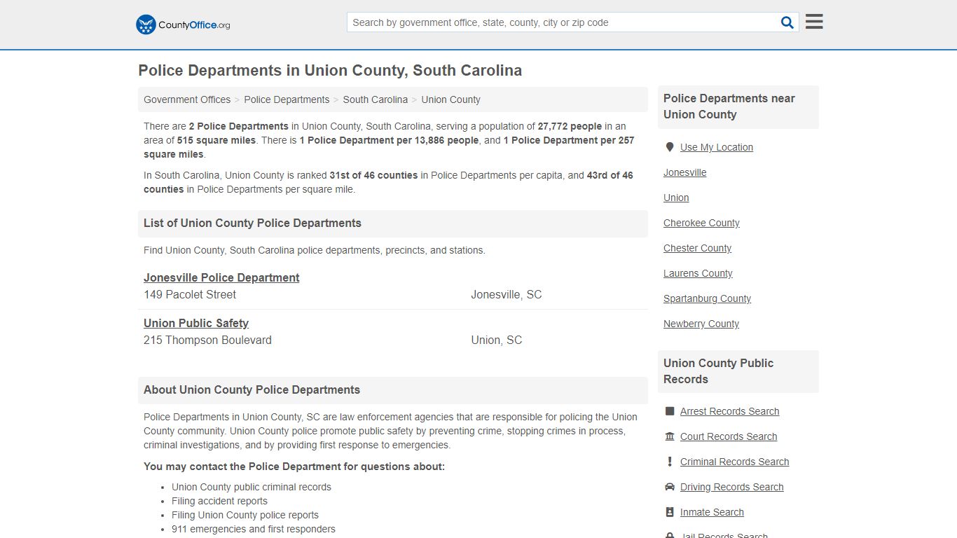 Police Departments - Union County, SC (Arrest Records & Police Logs)