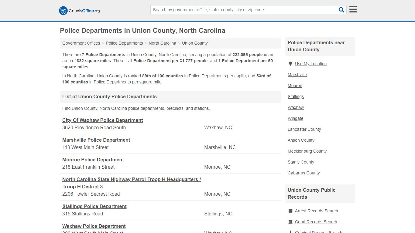Police Departments - Union County, NC (Arrest Records & Police Logs)
